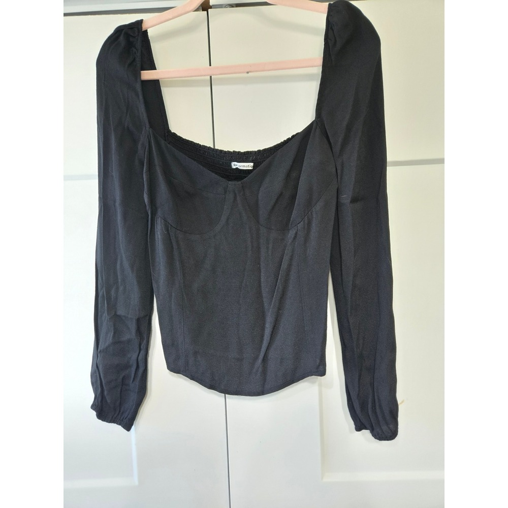 Reformation Black Long Sleeve Bustier Top Smocked Back Sweetheart Neck Size 8